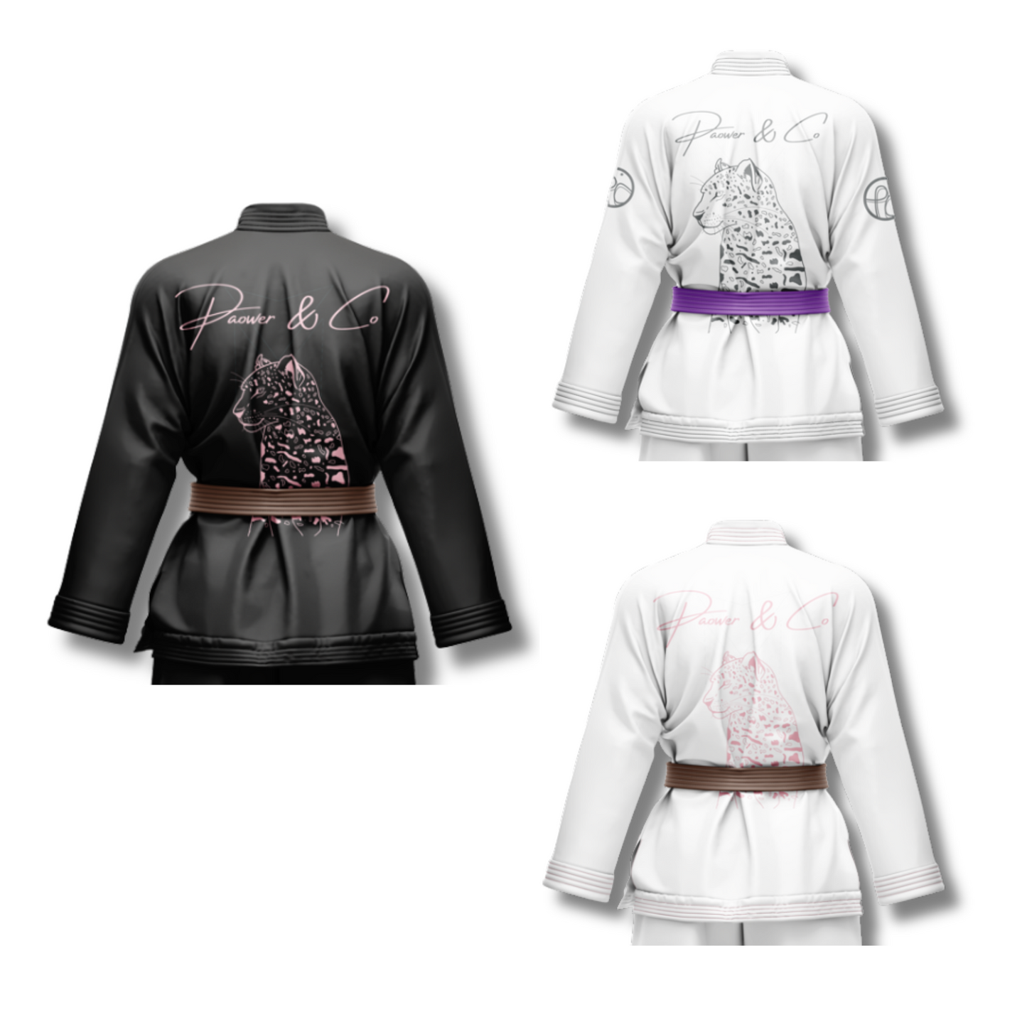 "Jaguar gi jacket available in black gi and pink patterns, white gi and pink pattern and white gi and grey pttern with custom Pantone selection." back view