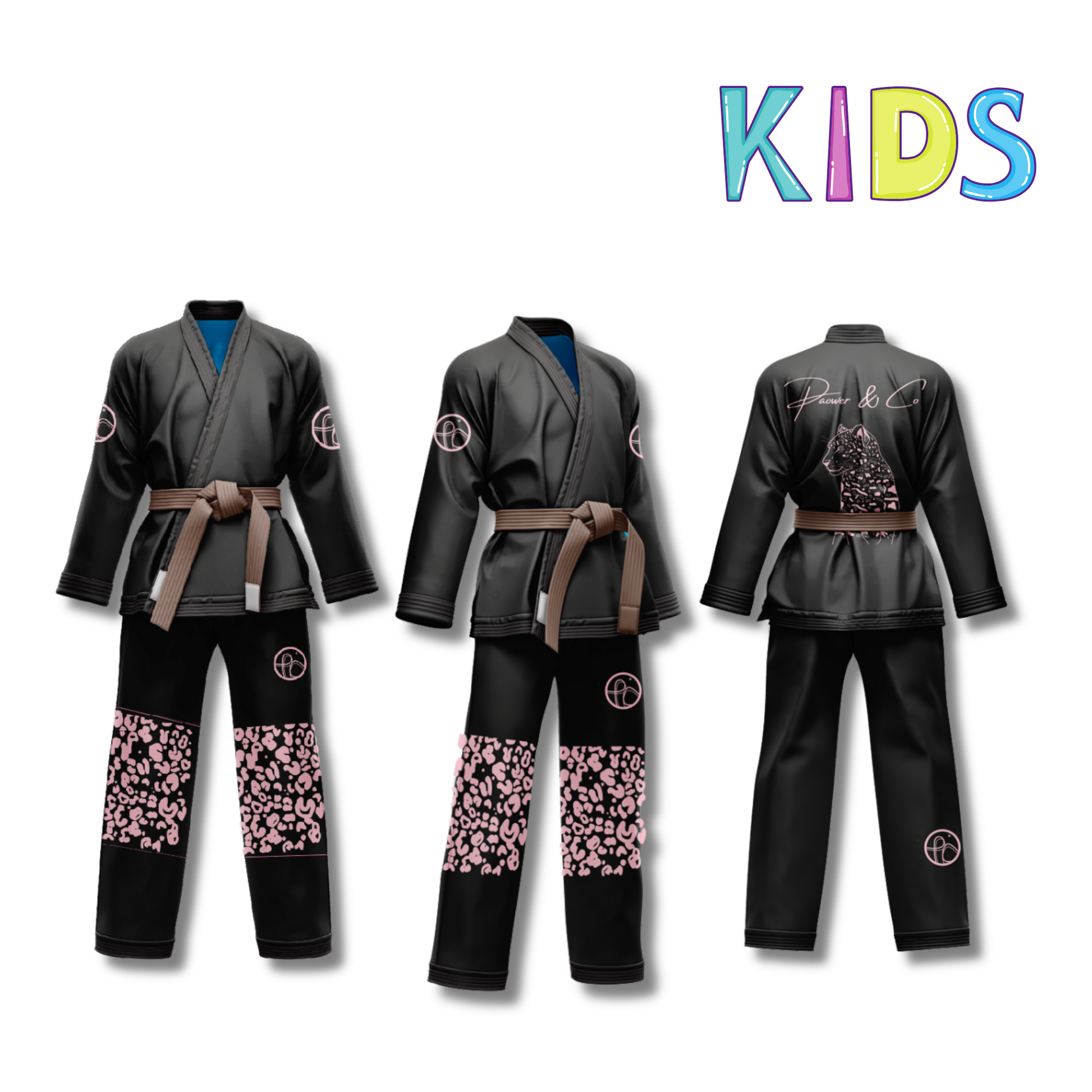 ""Jaguar BJJ gi combo in brown and black with custom Pantone colors, reinforced stitching, and elastic waistband pants."available in black gi and pink patterns, white gi and pink pattern and white gi and grey pttern with custom Pantone selection."