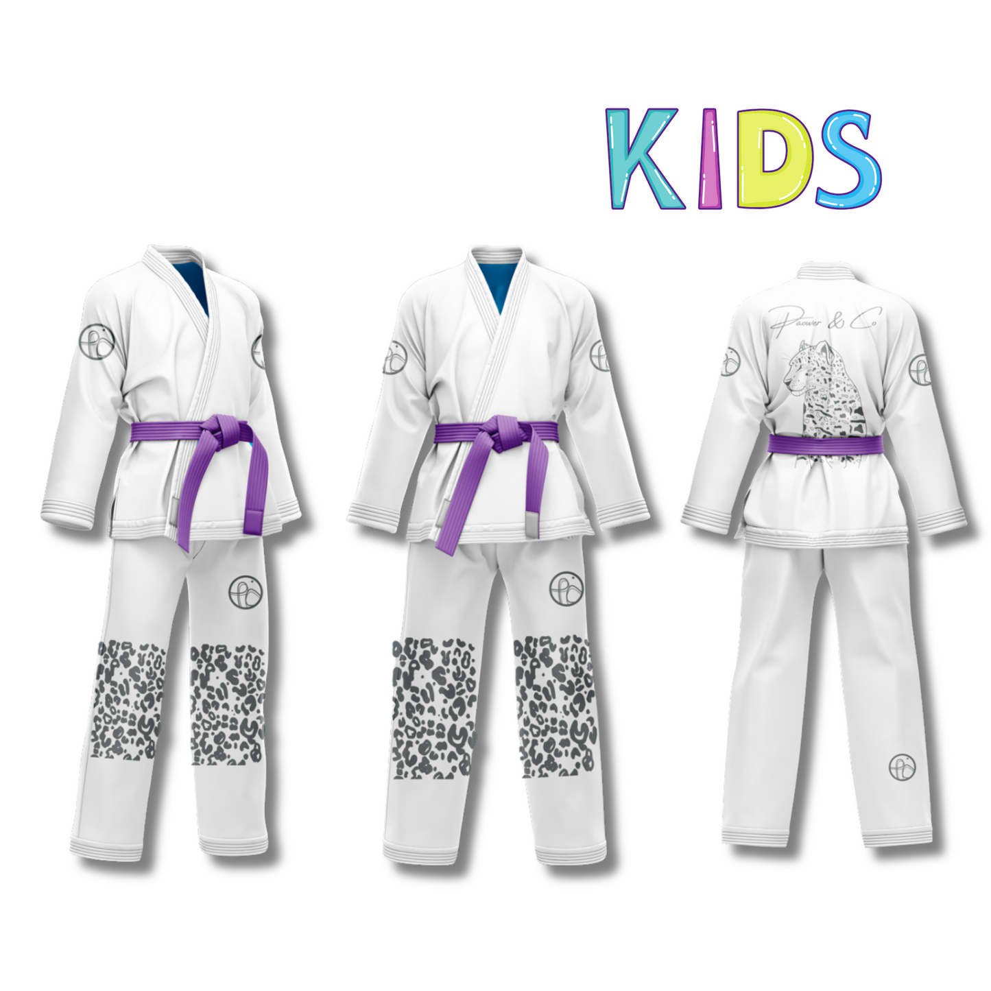 ""Jaguar BJJ gi combo in brown and black with custom Pantone colors, reinforced stitching, and elastic waistband pants."available in black gi and pink patterns, white gi and pink pattern and white gi and grey pttern with custom Pantone selection."  front view of white and gray