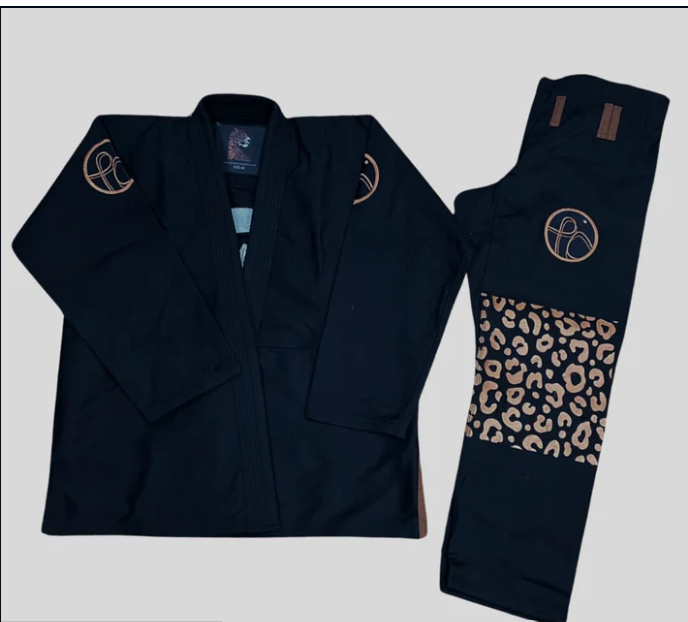 "Jaguar BJJ gi combo in brown and black with custom Pantone colors, reinforced stitching, and elastic waistband pants."
