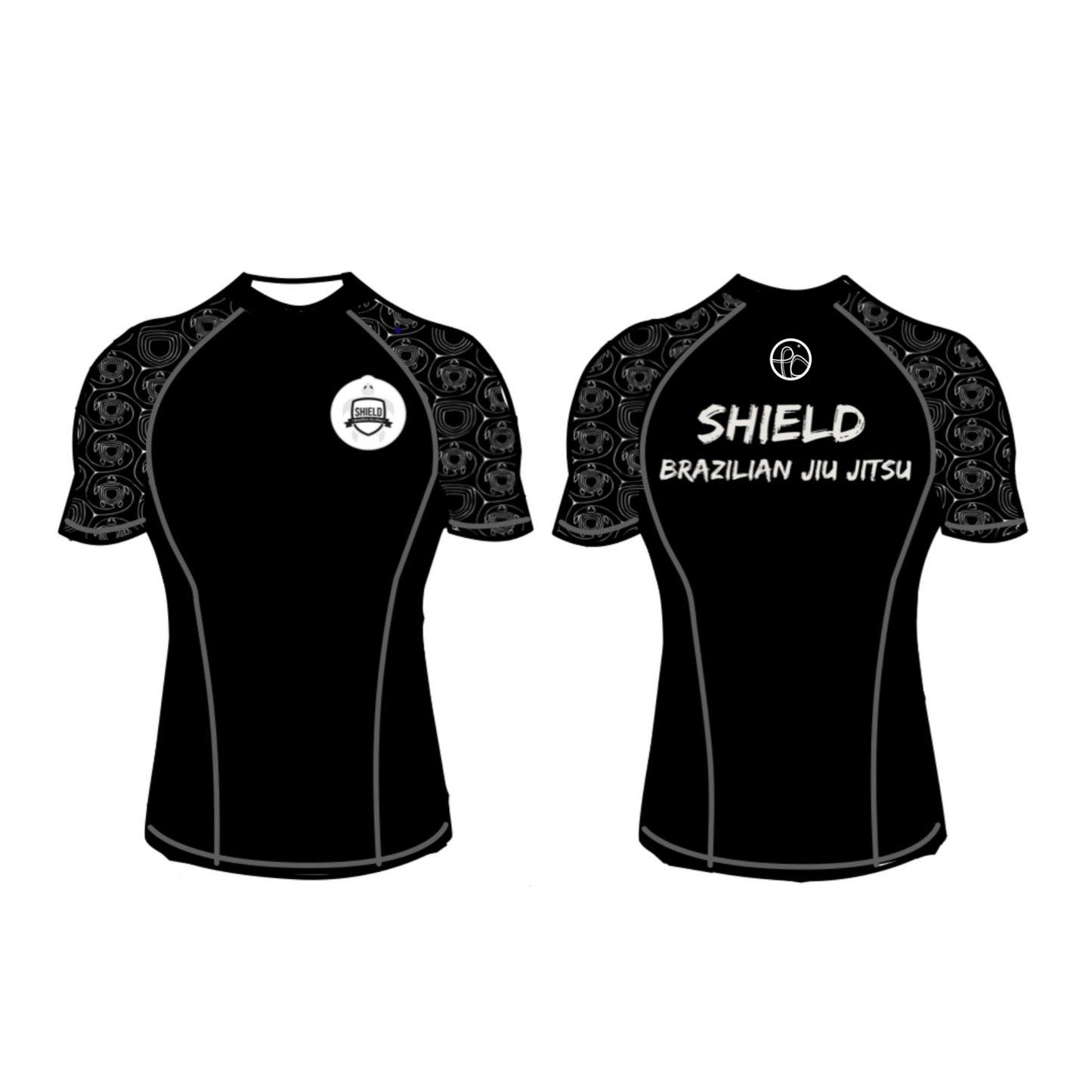 Black Brazilian Jiu-Jitsu rashguard with white and gray patterned sleeves and the text 'SHIELD' on the front.