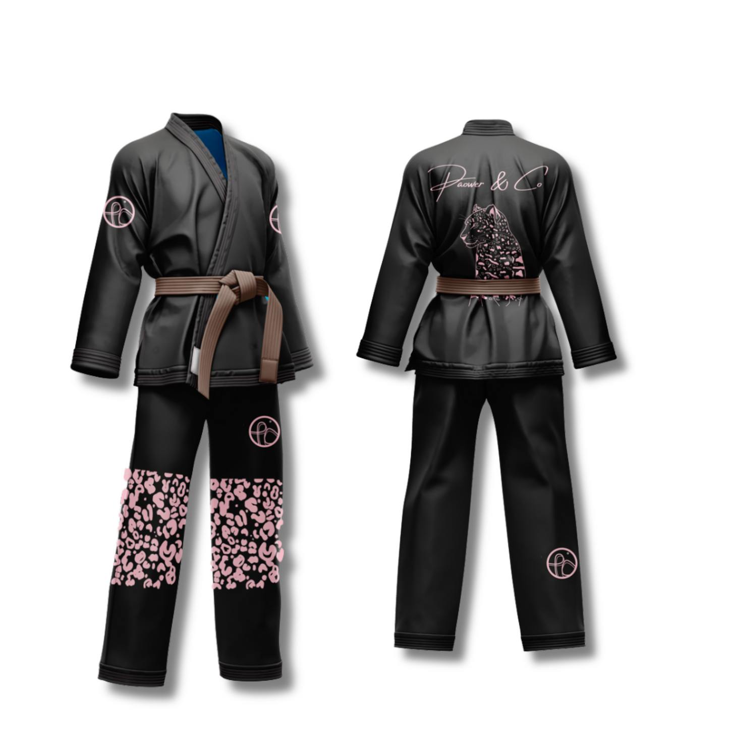 side and back view of black gi with pink pattern