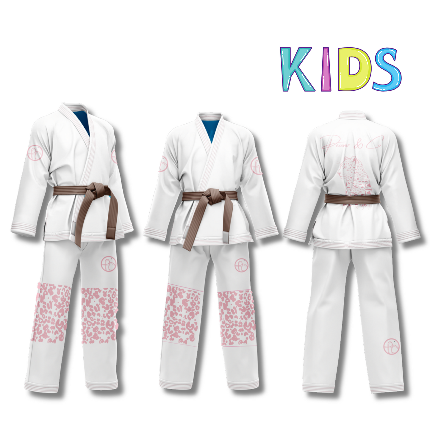 ""Jaguar BJJ gi combo in brown and black with custom Pantone colors, reinforced stitching, and elastic waistband pants."available in black gi and pink patterns, white gi and pink pattern and white gi and grey pttern with custom Pantone selection." white and pink in all the views