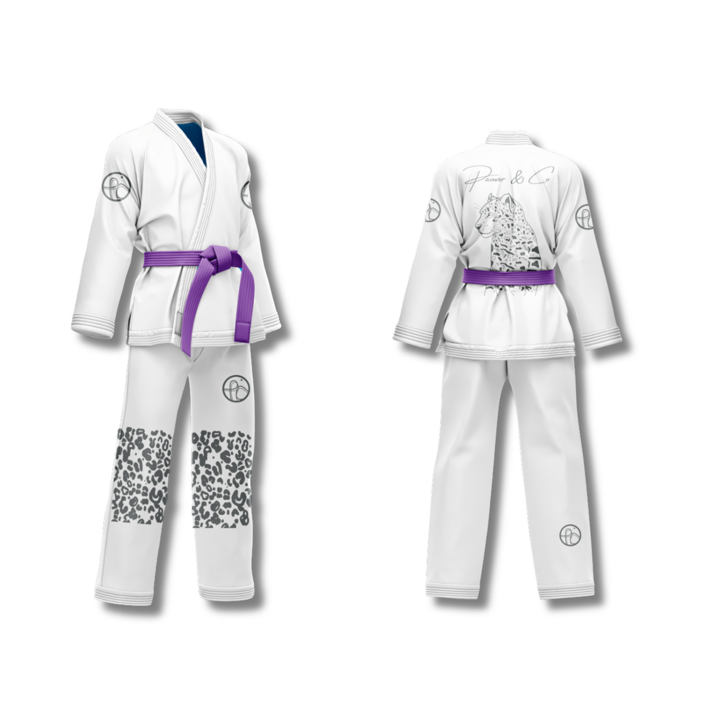 side and back view of white gi with gray patterns