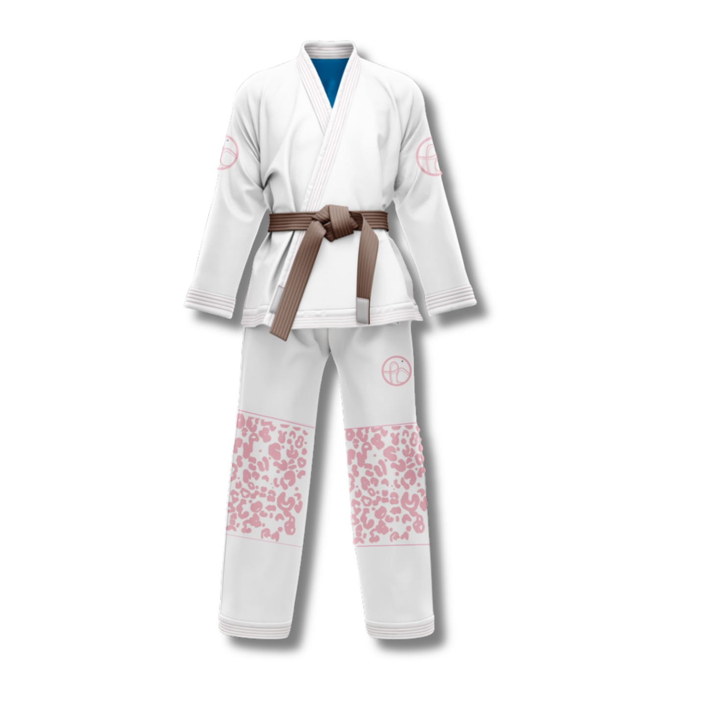 front view of white gi and pink pattern