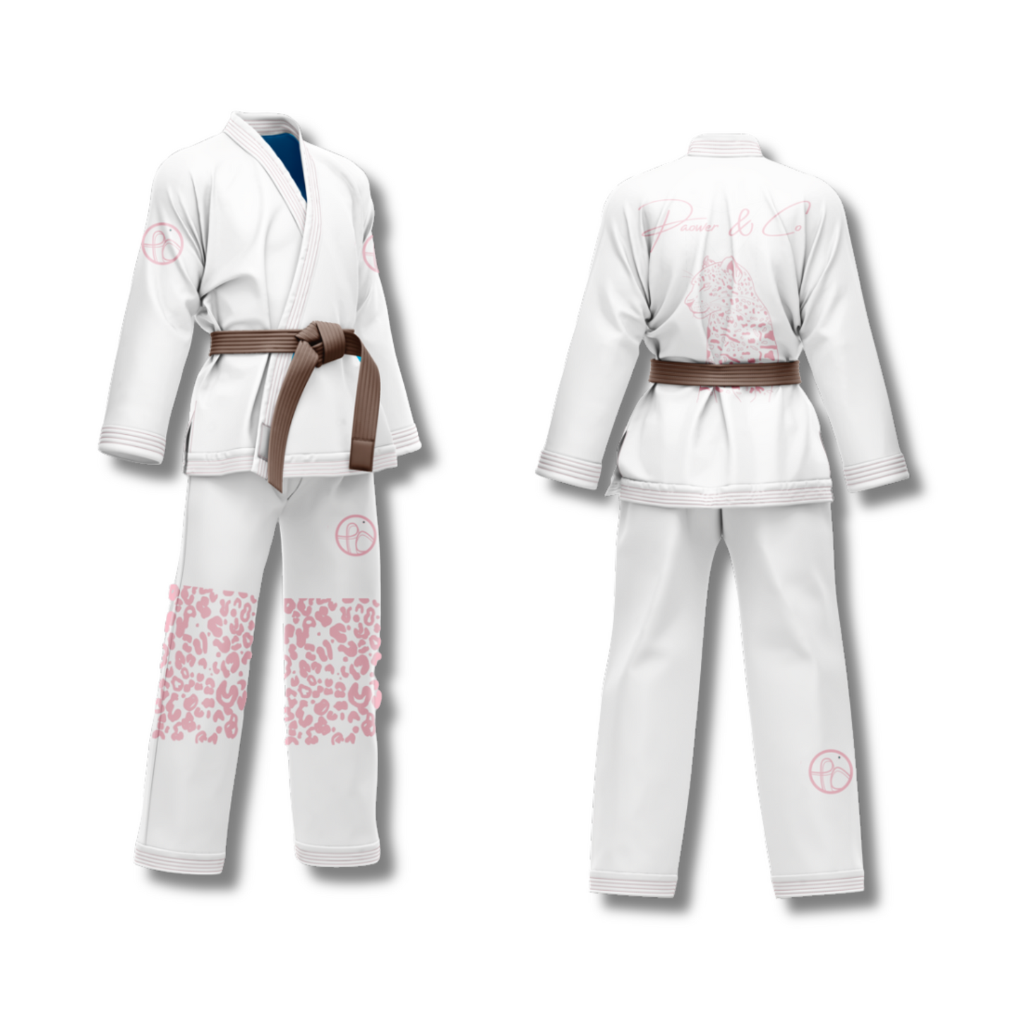side and back view of white gi with pink pattern