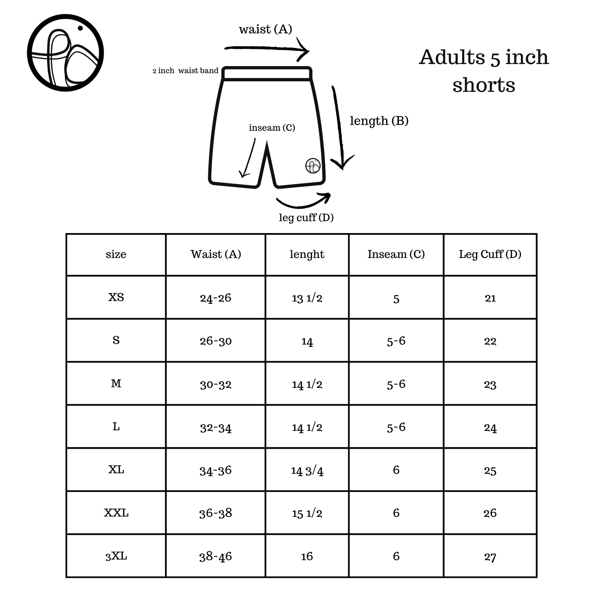 Measurement chart for adults' 5-inch shorts with size chart and diagram.