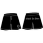 Black shorts with white text and logos on a white background