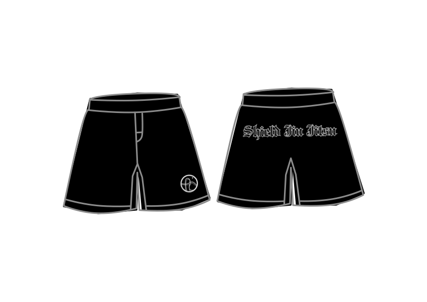 Black shorts with white text and logos on a white background