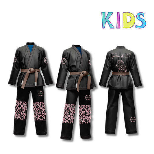 	""Jaguar BJJ gi combo in brown and black with custom Pantone colors, reinforced stitching, and elastic waistband pants."available in black gi and pink patterns, white gi and pink pattern and white gi and grey pttern with custom Pantone selection."