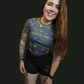 front view of the blue and gold koi rashguard for females 