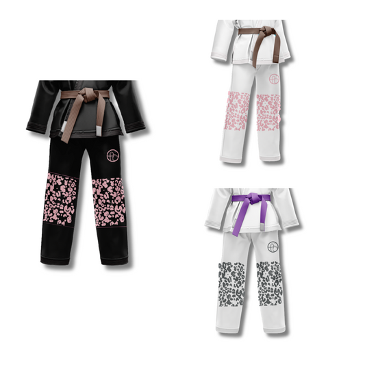 	"Jaguar gi pants with elastic waistband on the back, available in black gi and pink patterns, white gi and pink pattern and white gi and grey pttern with custom Pantone selection."