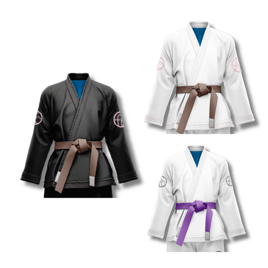 	"Jaguar gi jacket available in black gi and pink patterns, white gi and pink pattern and white gi and grey pttern with custom Pantone selection."