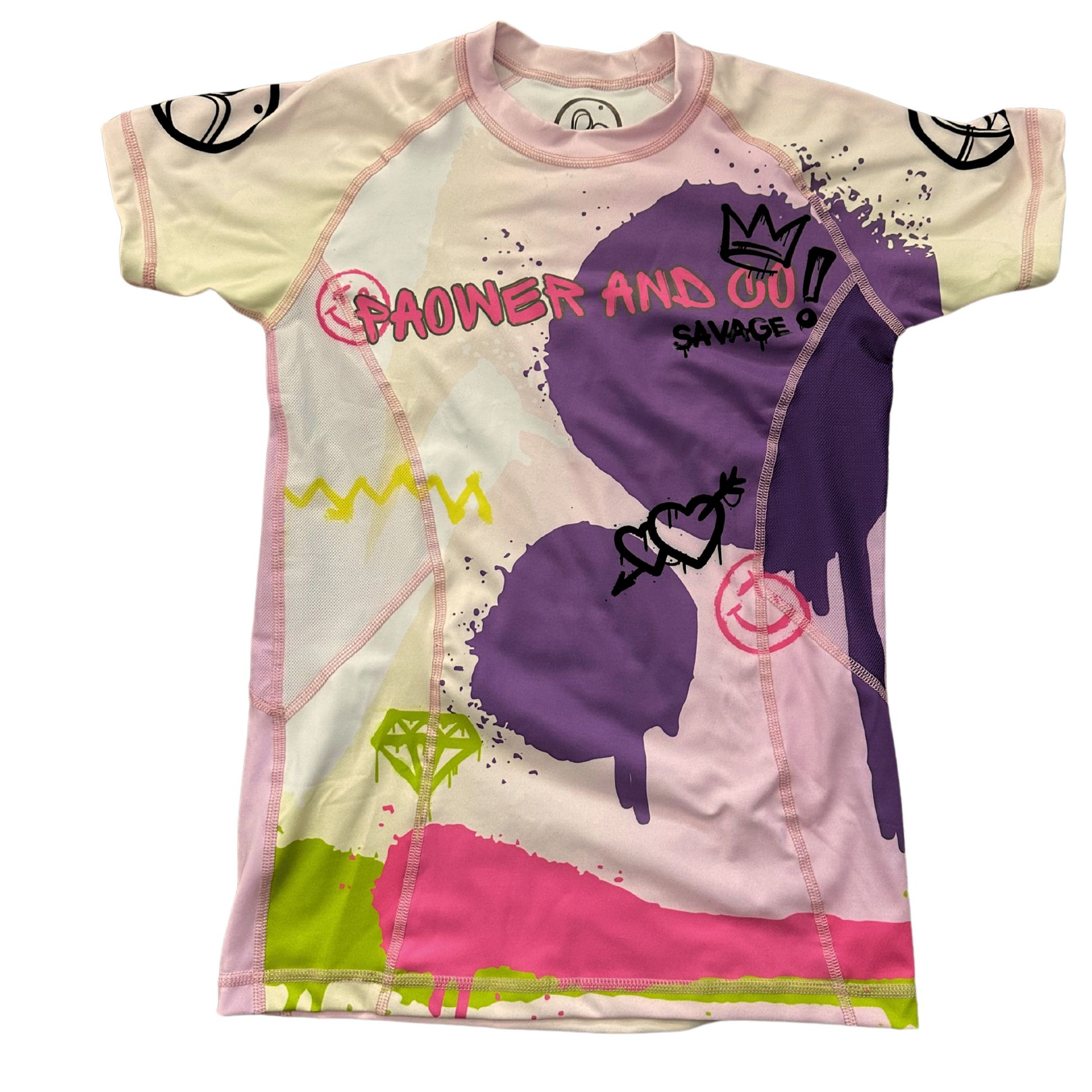 front view of Queen P no-gi rashguard in bold design with feminine edge, crafted for jiujitsu and grappling performance. showing mesh material on the sides