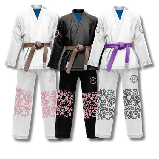 	""Jaguar BJJ gi combo in brown and black with custom Pantone colors, reinforced stitching, and elastic waistband pants."available in black gi and pink patterns, white gi and pink pattern and white gi and grey pttern with custom Pantone selection."