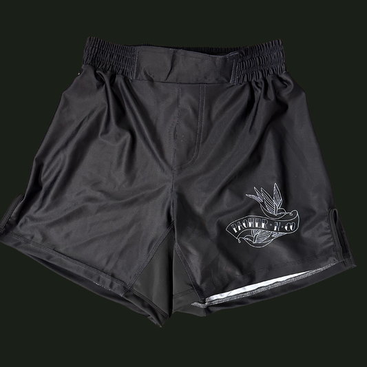 Black shorts with a logo on a black background