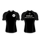 Black Brazilian Jiu-Jitsu rashguard with white and gray patterned sleeves and the text 'SHIELD' on the front.