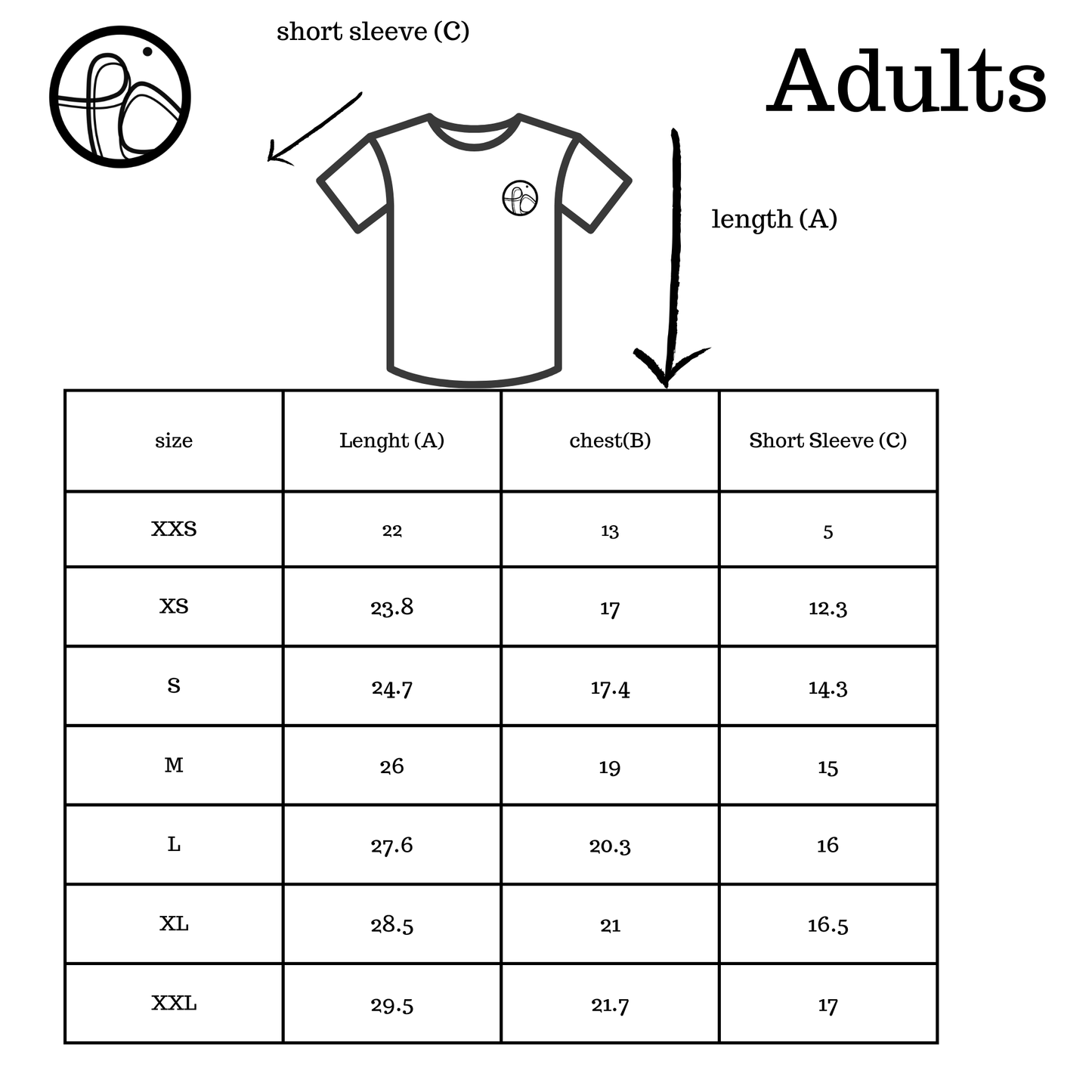 Measurement chart forrashguard with dimensions labeled for different sizes.